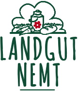 Logo des Landgut Nemt mit stilisierter Landschaft, Baum und rotem Punkt in der Mitte, grüner Schriftzug „Landgut Nemt“.