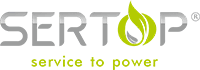 Logo von Sertop mit Schriftzug „Sertop – service to power“ und stilisierter grüner Flamme als Buchstabe O.